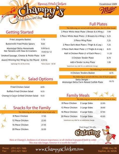 Champy's chicken - The menu for Champy's Famous Fried Chicken may have changed since the last user update. Sirved does not guarantee prices or the availability of menu items. Customers are free to download these images, but not use these digital files (watermarked by the Sirved logo) for any commercial purpose, without prior written permission of Sirved.